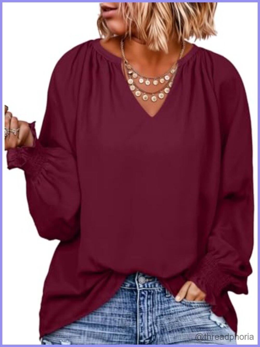 Plus Size V Neck Smocked Long Sleeve Chiffon Blouse Tunic